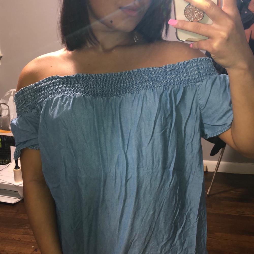 strapless jean blue shirt